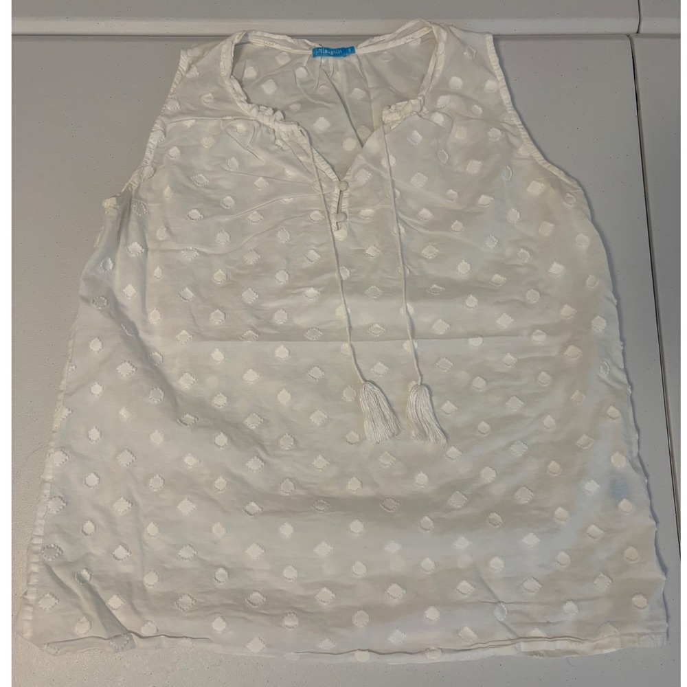 J.McLaughlin White Swiss Dot Sleeveless Tassel Tie Cotton Blouse Top Small g5